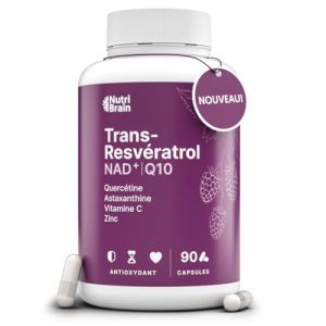 Trans-Resvératrol 98%, NAD⁺, Coenzyme Q10, Quercétine, Astaxanthine, Vitamine C & Zinc | Antioxydant Puissant, Anti-Âge & Immunité | 90 Gélules | Formule Avancée 7 Actifs Synergiques | 3 Mois (NutriBrain, neuf)
