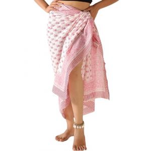 THE ART BOX Sarong 100% Coton pour Femme Indien imprim&eacute; Bloc de Bain Maillot de Bain par&eacute;o Jupe Portefeuille Plage Bikini Cover Up Long (185 x 110 cm), Rouge Rose, Taille Unique (theartbox-eu, neuf)