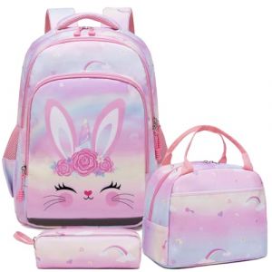 Kimwadalh Cartable Fille Primaire Lapin,Sac à Dos Lapin Enfant Sets de Sacs Scolaires Fille Primaire CE1 CE2 + Isotherme Panier Repas + Trousse (Shinetone, neuf)
