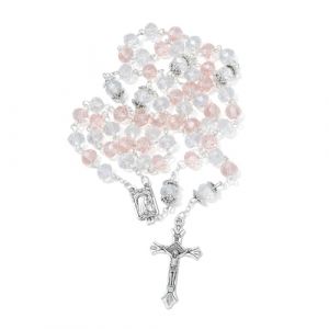 KMIMO Chapelet en cristal rose pour femme, chapelet 8 MM avec crucifix de J&eacute;sus et m&eacute;daille de Lourdes, chapelet de communion avec sac en velours (Dream Work Jewelry, neuf)