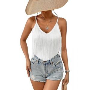 Dbardeur Franges pour Femme - Haut Spaghetti Sexy - lgant - Style bohme - Col en V - Tenue de Concert - T-Shirt sans Manches - Maillot de Corps d't, Blanc., M (ROSEELLA, neuf)