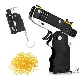 MQLSAERI Jouets de Pistolet à Bande de Caoutchouc Pliable 2 Pièces avec 120 Pièces Bandes de Caoutchouc Élastiques Souples Porte-clés de Pistolet de Lanceur en Caoutchouc Pliable en Métal - Noir (MQLSAERI, neuf)