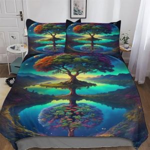 Arbre de Vie du Monde Parure De Lit Housse De Couette avec Taie d'oreiller 3 Pi&egrave;ces Douce Microfibre Coton/Polyester pour Enfants Adultes Ensemble Housse De Couette King (220x240cm) (ZZ-KK, neuf)