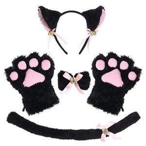 JOERBABU Serre-t&ecirc;te pour chat - 5 pi&egrave;ces - Queue de chaton - Oreilles - Collier - Pattes - Gants - Accessoire d'Halloween (jiushuang, neuf)