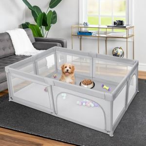 Parc pour Chiots Ou Petits Chiens, Clôture Solide en Tissu épais Et Filet en Nylon Haute Résistance,Parc à Chiots avec Porte, Lavable en Machine, Intérieur/extérieur,205 * 147 * 66cm-Gris Clair (Hechheu, neuf)