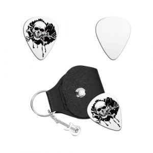 UNICRAFTALE M&eacute;diators de Guitare Cadeaux Porte-cl&eacute;s Acier Inoxydable M&eacute;diators de Guitare Personnalis&eacute;s avec T&ecirc;te de Mort et &Eacute;tui en Cuir PU Accessoires de Guitare pour Musicien (ENBISI EU, neuf)