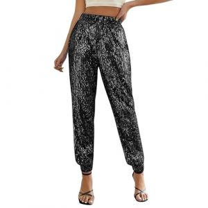 Pantalon Femme Sequin Disco M&eacute;tallis&eacute; Brillant Pantalon Taille Haute Elastique Scintillantes Chic &Eacute;l&eacute;gant Pantalons Femme Large Style R&eacute;tro D&eacute;contract&eacute; Pantalons Pour Disco Club Soir&eacute;e Cocktail (Blingko, neuf)
