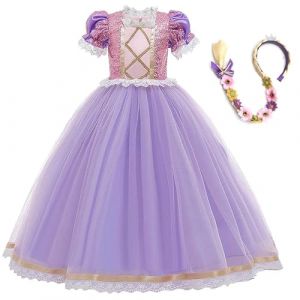 Cnexmin Fille Robe De Princesse Raiponce D&eacute;Guisement Raiponce Tulle Maxi Costume Avec perruque pour Anniversaire F&ecirc;Te No&euml;L Fete Halloween Carnaval Cosplay Robe De Soir&eacute;E,W-120cm (zhoukoujixixinxizixunfuwuyouxiangongsi, neuf)