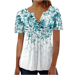 Chemisier Femme Chic et Élégant Manches Courtes Tshirt Chemisiers Et Blouses Grande Taille Imprimé Plissé Henley Tunique Tops Col V Blouse de Soie Boheme Haut Tunique Été Tee Shirt Femmes Solde (⭐⭐⭐⭐⭐AEGJEGVD(5-15 jours Arrivé), neuf)