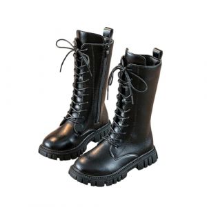 Bottes hautes pour filles, bottes de combat blanches, chaussures d'&eacute;cole en cuir synth&eacute;tique &agrave; lacets avec fermeture &eacute;clair lat&eacute;rale, semelle Chunky Lug, chaussures d&eacute;contract&eacute;es imperm&eacute;ables et (BINWEISI, neuf)