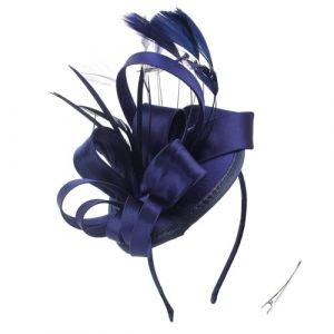 Bibi avec rubans et plumes sur un bandeau - Chapeau bibi de mariage - Ruban en maille - Plumes sur un bandeau et couvre-chef pour filles - Bandes de sueur - Pour mariage, thé (bleu marine, taille (fhjvbt, neuf)