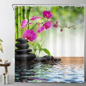 LB Spa Spring Rideau De Douche Bambou Orchid&eacute;e Noir Pierre Rideau De Bain 180x180cm R&eacute;sistant &Agrave; l'eau Polyester Tissu Maison Accessoires Set avec Crochets (JinShiZhuan, neuf)
