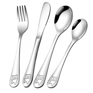Couverts Enfant en INOX,4 Pièces Set de Couverts en INOX Enfant, 2 x Fourchette et 2 x Cuillère pour Enfant Bébé Maison l'école Utilisation (Ours, Argent) (LINRONGXU STORE, neuf)
