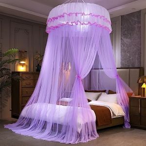 Reheyre Ciel de lit princesse - Rideau de lit rond en dentelle avec crochet - Ciel de lit de princesse - Ciel de lit - Rideaux de lit pour lit jumeau, grand lit, king size - Violet (thatsnoty, neuf)