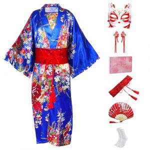 CRFASIBE Enfants Kimono Robe Japonais, Enfants Costumes Japonais Cosplay V&ecirc;tements, Kimono D&eacute;guisement, Filles Yukata Peignoir Ensemble avec Accessoire(Bleu,140cm) (YEEGERINC, neuf)