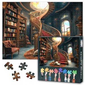 Puzzle d'escalier en colima&ccedil;on rouge, 1000 pi&egrave;ces, avec livre sur le sol, 50 x 70 cm, motif artistique pour les amateurs de livres, puzzle de qualit&eacute; sup&eacute;rieure pour la maison (FANWEIXNSMOI, neuf)