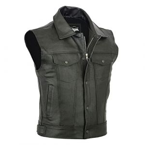 Gilet de motard en cuir pour homme - Gilet en cuir pour homme - Veste sans manches vintage coupe normale - Gilet de moto en cuir avec fermeture &eacute;clair &agrave; revers - Gilet de club - Gilet en cuir pour (Jia jia store, neuf)