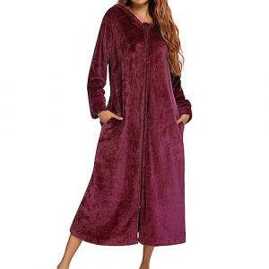 Robe De Chambre Capuche avec Zipper, Peignoir De Bain Femme Polaire Unie, Chemise De Nuit Grande Taille &agrave; Manches Longues, Chaud Et Confortable V&ecirc;Tements De Nuit Femme Automne Hiver (dongTER, neuf)