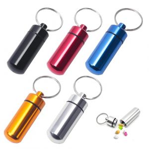 Aihoom 5pcs Mini Bo&icirc;te &agrave; Pilulier en Aluminium, Porte-M&eacute;dicament &Eacute;tanche avec Porte-Cl&eacute;s, Conteneur de Pilules Portable pour Voyage, Camping, Usage Quotidien (Rouge, Or, Bleu, Argent, Noir) (ZeYingLin, neuf)