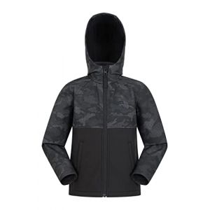 Mountain Warehouse Veste Enfant Exodus Softshell - Coupe-Vent, Imperméable Fille Et Garçon, Veste Polaire Unisexe, Veste À Capuche Conçue Pour Sport Et Voyage Noir Camo 5-6 ANS (Mountain Warehouse, neuf)