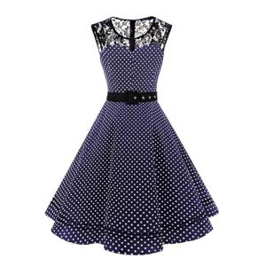 AXOE Femme Robe Vintage Ann&eacute;es 50 Motifs Pois & Fleurs Ceinture Amovible Mariage Cocktail Tous Les Jours Bleu Marine et Blanc &agrave; Pois, Taille 46, XXL (AXOE-FR, neuf)