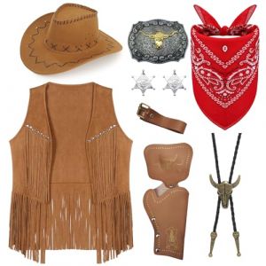 9 Pi&egrave;ces Cowboy Costume Accessoires pour Homme, Western Cowboy Cosplay Costume Set avec Chapeau Gilet &agrave; Pompons Bandana Etui Ceinture Boucle Bolo Cravate Collier Badge pour Carnaval Soir&eacute;e &agrave; Th&egrave;me (Qi ShiPengDeshop, neuf)