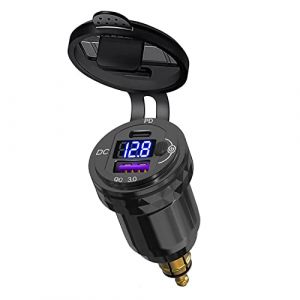 Adaptateur DIN mâle vers USB 3.0 + USB C PD 20W avec voltmètre et Chargeur à Bouton-Poussoir Prise USB de Type C pour Motos 12V-24V Ducati, Triumph, BMW Style européen (Le Noir) (Meipirecrop, neuf)