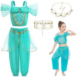 LCXYYY D&eacute;guisement Jasmine Fille Cosplay Arabie Princesse Jasmine Danse du Ventre Outfit Top et Pantalon avec Accessoires Set Halloween No&euml;l Carnaval Anniversaire F&ecirc;te Costume pour Enfant 3-9 Ans (LCXYYY, neuf)