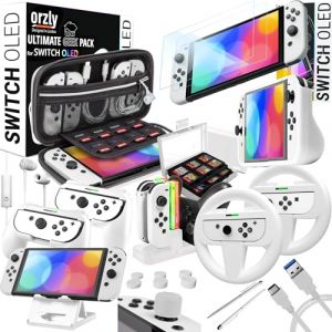 Orzly Accessories Kit Bundle Compatible with Nintendo Switch OLED Console (Not 2017 Edition Compatible) Ultimate Geek Pack with Case and Screen Protector and Much More - Ice White Gift Boxed (Syntiga Europe - FR, neuf)