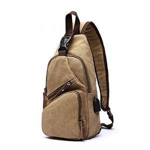 FANDARE Mode Sac de Poitrine Homme Sac de Toile Sacoche pour Homme Sac d'Epaule Sacoche avec USB Sac Bandoulière Sling Bag pour Cyclisme,Aventure,Voyage Kaki (OÜ HULGY, neuf)