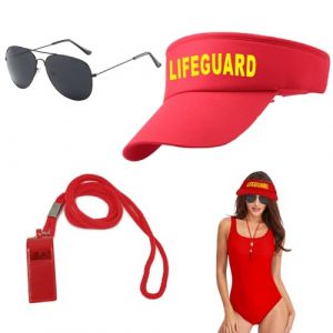 UILYNIU 3 Pièces Costume de Sauveteur, Accessoires de Sauveteur Casquette Visière Rouge Sifflet Lunettes de Soleil, Deguisement Plage Chapeau per Adultes Homme Femme Costume Carnaval Halloween (3PCS) (XIMO EU, neuf)