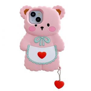 QoKcoahn Coque pour iPhone 15, jolies coques de t&eacute;l&eacute;phone Kawaii 3D amusantes, ours au beurre, c&oelig;ur, rose dessin anim&eacute;, coque avec porte-cl&eacute;s, coque de protection en gel silicone souple pour femmes et (ShinOya, neuf)