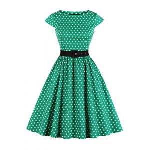 AXOE Femme Robe Vintage Ann&eacute;es 50 Tissu Coton Respirant Coupe A-Line Ceinture Amovible Col Bateau Verte &agrave; Pois Blanche, Taille 50, 4XL (AXOE-FR, neuf)