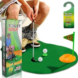 FAELNK Golf Toilette Cadeau Drôle Golf Accessoire Rigolo pour la Salle de Bain avec Club de Golf 65 cm, Tapis de Putting, 2 Balles de Golf et Accroche-Porte (MDHONG, neuf)