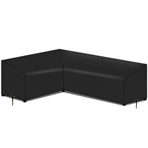 PATIO PLUS Housse de canapé de jardin en forme de L, imperméable, coupe-vent, anti-UV, tissu Oxford 420D, pour canapé d'angle en rotin, 210 (gauche) x 260 (droite) x 76 x 60/78 cm – Noir (PATIO PLUS+, neuf)