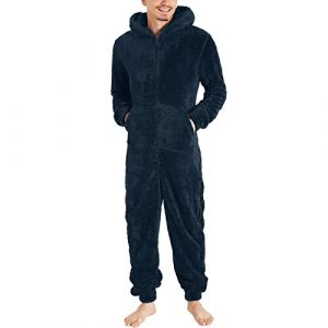 YOSUWOAI Combinaison en polaire pour homme - Pyjama une pi&egrave;ce moelleux et doux - Combinaison douillette et chaude - Pyjama confortable - Pyjama d'hiver long avec capuche, O bleu marine, 5XL (LDeianp, neuf)