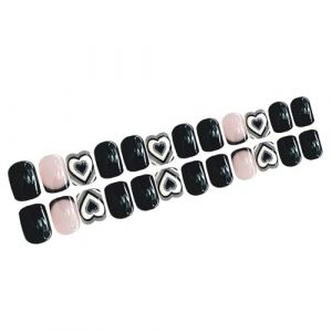Pffiocix Faux ongles carr&eacute;s courts pour la Saint-Valentin Motif c&oelig;ur Noir/blanc &Agrave; coller sur les ongles pour un usage quotidien (Asjcj, neuf)