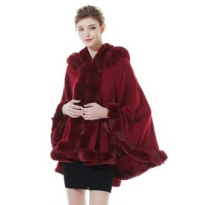 BEAUTELICATE Poncho Fourrure Châle Étole Cape à Capuche Tricoté Manteau avec Col de Fourrure Pour Femme Automne Hiver Mariage Soirée Gala(Taille unique, Rouge Vineux) (BEAUTELICATE-FR, neuf)
