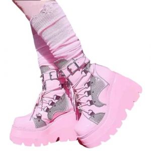 ORANDESIGNE Femme PU Cuir Bottes Gothiques Punks Automne Hiver Talon Bloc Plateforme Bottes Hautes Chaussure de F&ecirc;te F Rose 43 (Wowmart Zoo X., neuf)