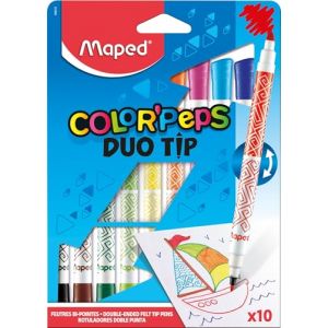 Maped Color'Peps Feutres de Coloriage Double Mines Fine 2mm et Large 3,9mm et Encre Lavable à l'eau - Pochette 10 Feutres Double Pointes (Micro Passion 76, neuf)