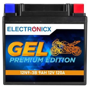 Electronicx, GEL, Batterie moto 12N9-3B 12V 9Ah 120A &ndash; batterie de d&eacute;marrage gel sans entretien, r&eacute;sistante aux vibrations, scell&eacute;e et compacte &ndash; id&eacute;ale pour scooter, mobylette, ATV et moto. (Electronicx, neuf)