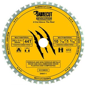 1 x SabreCut SCCSM255_44 255 mm 44T x 30 mm 25,4 mm 20 mm Al&eacute;sage 16 mm Lame de scie circulaire multi-mat&eacute;riaux m&eacute;tal bois plastique compatible avec Bosch Dewalt Makita Milwaukee et bien d'autres (TopsTools, neuf)