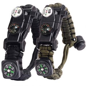 Bracelet Paracorde Survie pour Homme Femme, Militaire Paracord Bracelet Kit avec Flint + Boussole + Thermomètre + Sifflet + Lumière LED pour Extérieur, Randonneur, Baroudeur, Explorateurs (BXooo, neuf)