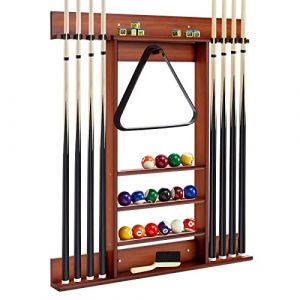 GYMAX Porte Queue Billard Mural avec 8 Trous Baton de Billard et 15 Porte-balles, Support de Queues de Billard en Bois en Pin pour Salle de jeu, Club, Bar(Marron) (GYMAX EU, neuf)
