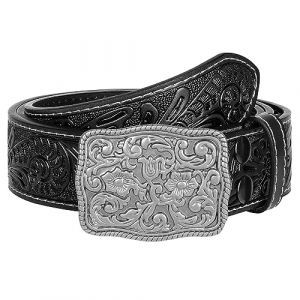 LEACOOLKEY Ceinture western pour hommes et femmes Cowgirl Cowboy gravée en relief Tooled Ceinture en cuir avec boucle pour pantalon en jean Rodeo, a-noir, (120CM)Passend für Taillenumfang 109cm-119cm (LEACOOLKEY, neuf)