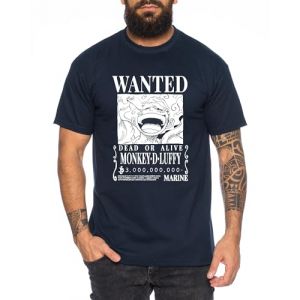 Wanted Luffy - T-Shirt Homme Chapeau de Paille Luffy Zoro One Monkey D. Pirate Ace Piece Goku Anime Ruffy, Taille:XL, Couleur:Bleu fonc&eacute; (TeeKiki, neuf)