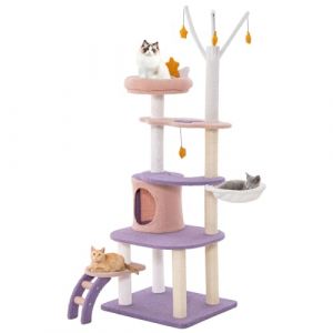 GYMAX Arbre &agrave; Chat Joli 158CM &agrave; 6 Niveaux, avec Echelle, 1 Perchoir Sup&eacute;rieur, 1 Condo, 1 Hamac, Griffoirs Recouverts de Sisal, Jouets Suspendus, Violet (GYMAX EU, neuf)