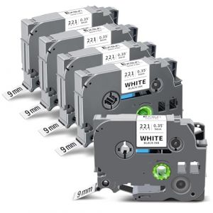 Exsun 5x TZe221 TZe-221 Tz221 Tzc221 Compatible pour Brother P-touch Ruban Recharge Tze 9mm 0.35 Ruban Compatible avec Etiqueteuse Brother Ptouch H105 H100LB 1000 1005 H100R E110, Noir sur Blanc (Exsun-EU, neuf)
