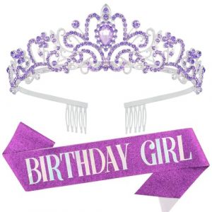 Couronne Anniversaire Femme Violet Cristal Couronne Echarpe Diademe Femme pour Fournitures de Fête de Joyeux Anniversaire, Faveurs, Décorations, Cadeau d'anniversaire pour Femme (#1/Girl) (iShang Direct, neuf)