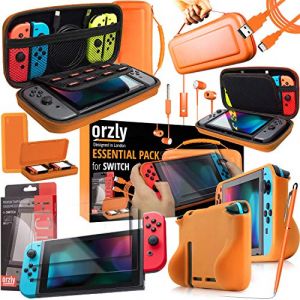 Orzly Nintendo Switch Accessoire, Pack de (Étui Rigide pour Switch, Protecteurs d'écran en Verre Trempé, Câble Type C, Coque Comfort Grip, Écouteur, Stylo, Boite de Jeux) Orange (Syntiga Europe - FR, neuf)